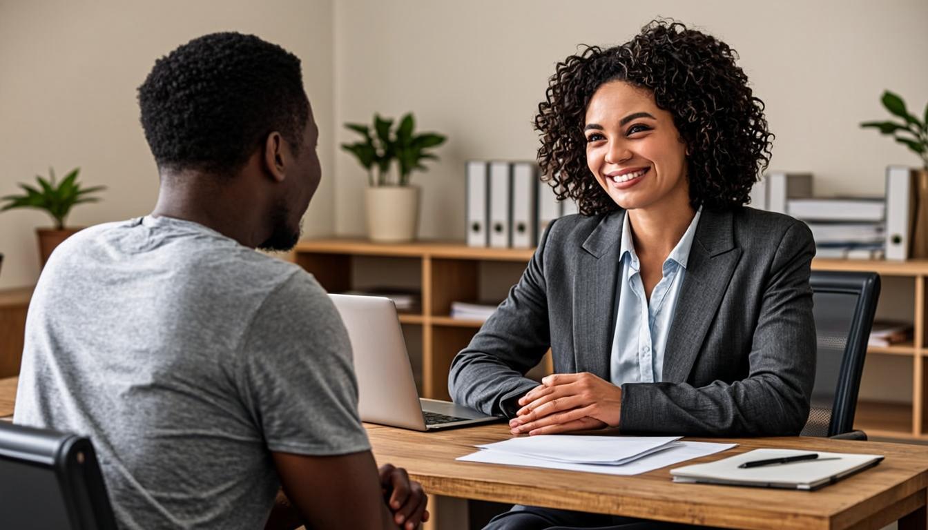 A Black female credit specialist warmly consulting with a Black male client across a clean desk