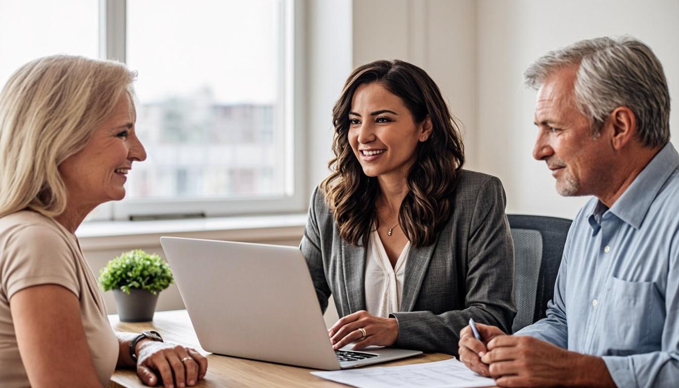 A Latina credit specialist warmly meeting with an older white couple across a desk