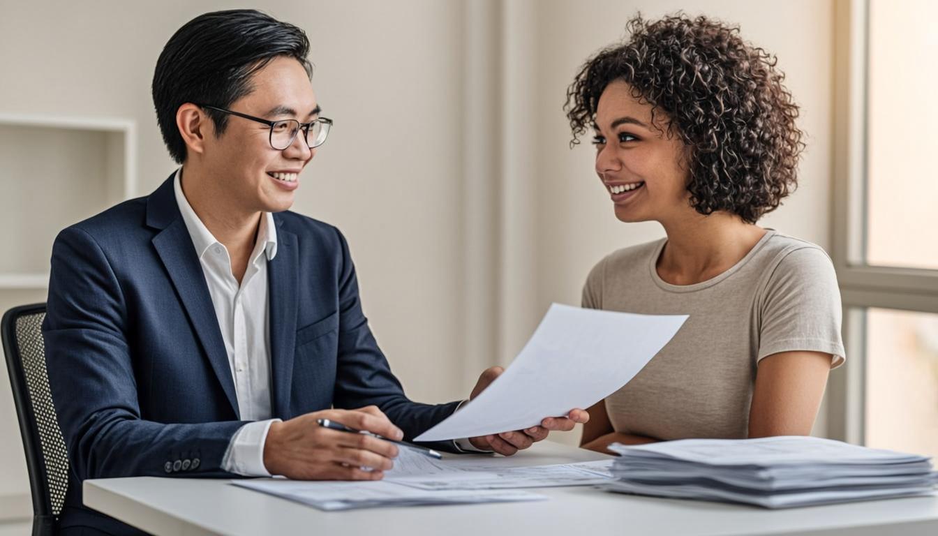 An Asian male financial advisor reviewing documents with a young diverse client across a desk