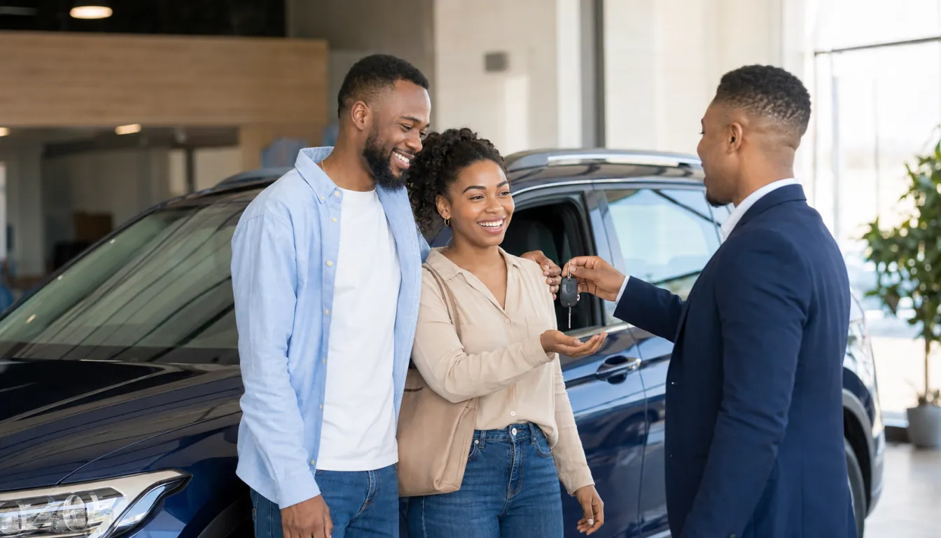 A couple celebrating the purchase of a new vehicle