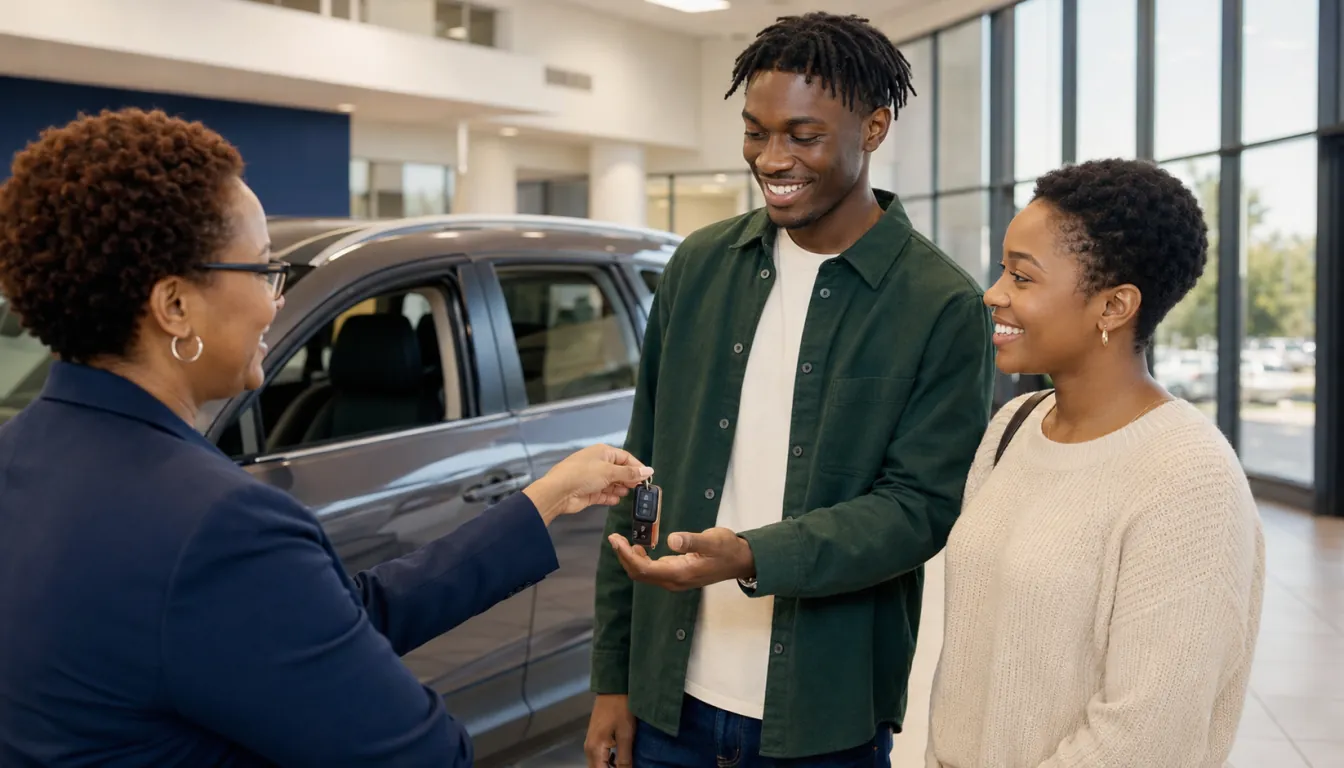 A young couple receiving the keys to a new car