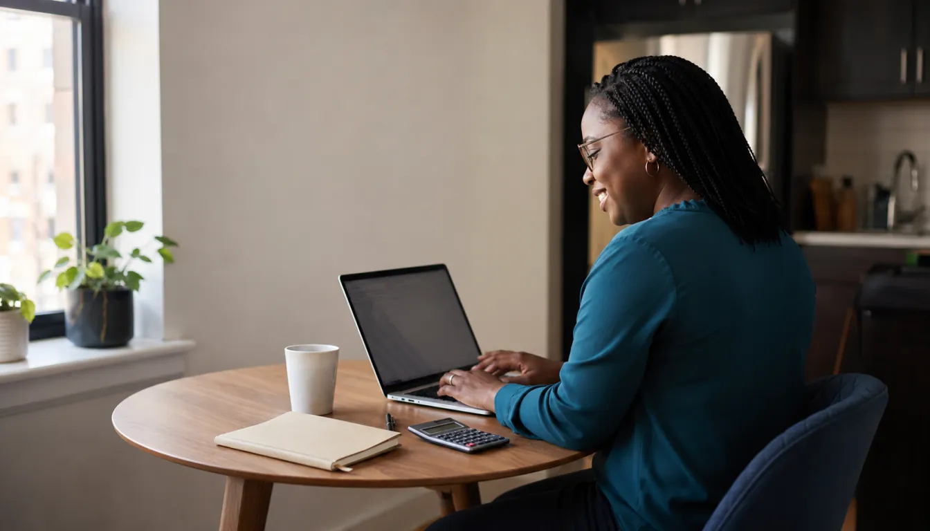 A Black professional reviewing her finances on a laptop at home