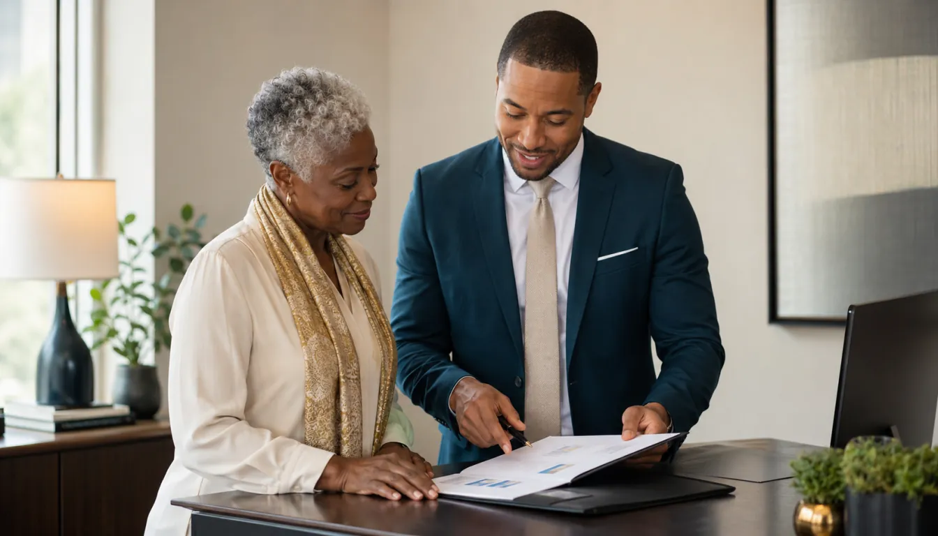 A financial professional explaining documents to an older client