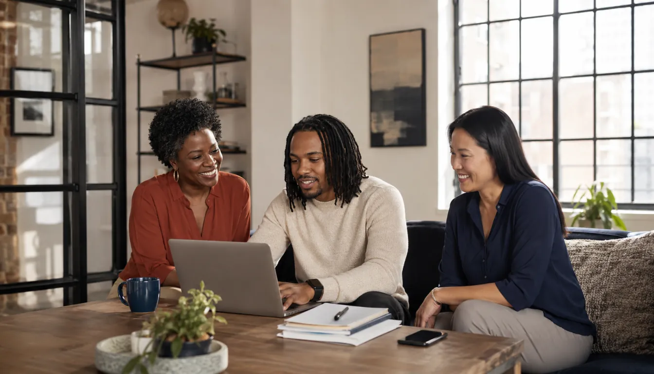 A diverse group reviewing a financial plan together on a laptop