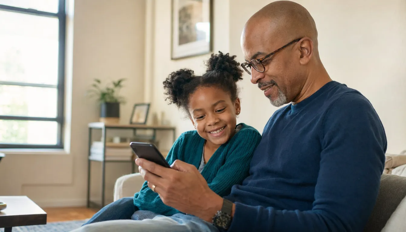 A father and daughter celebrating together while looking at a phone