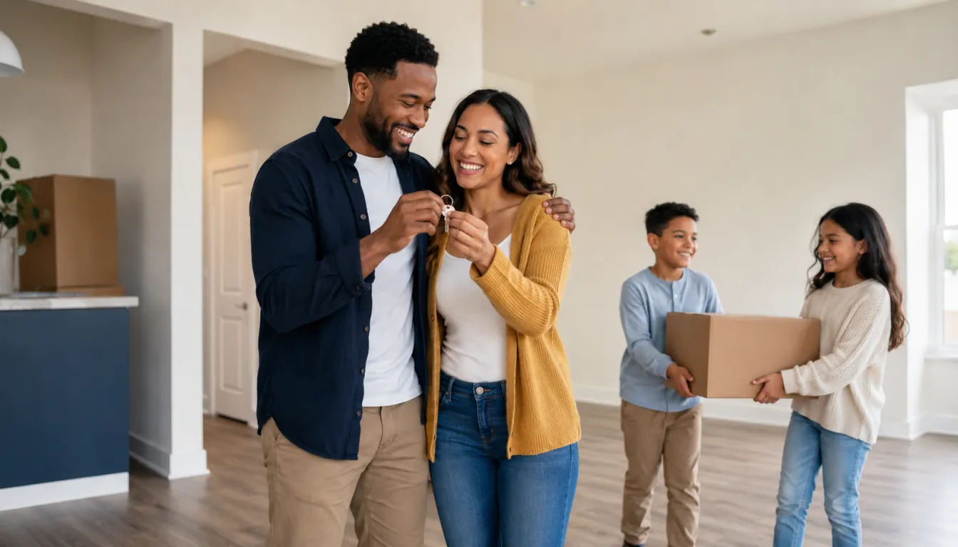 A family celebrating moving day in their new home