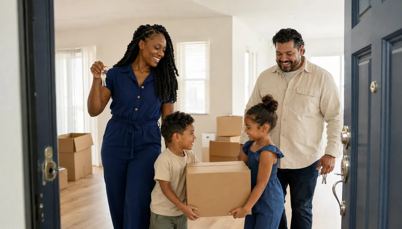 A diverse family celebrating a move into their new home