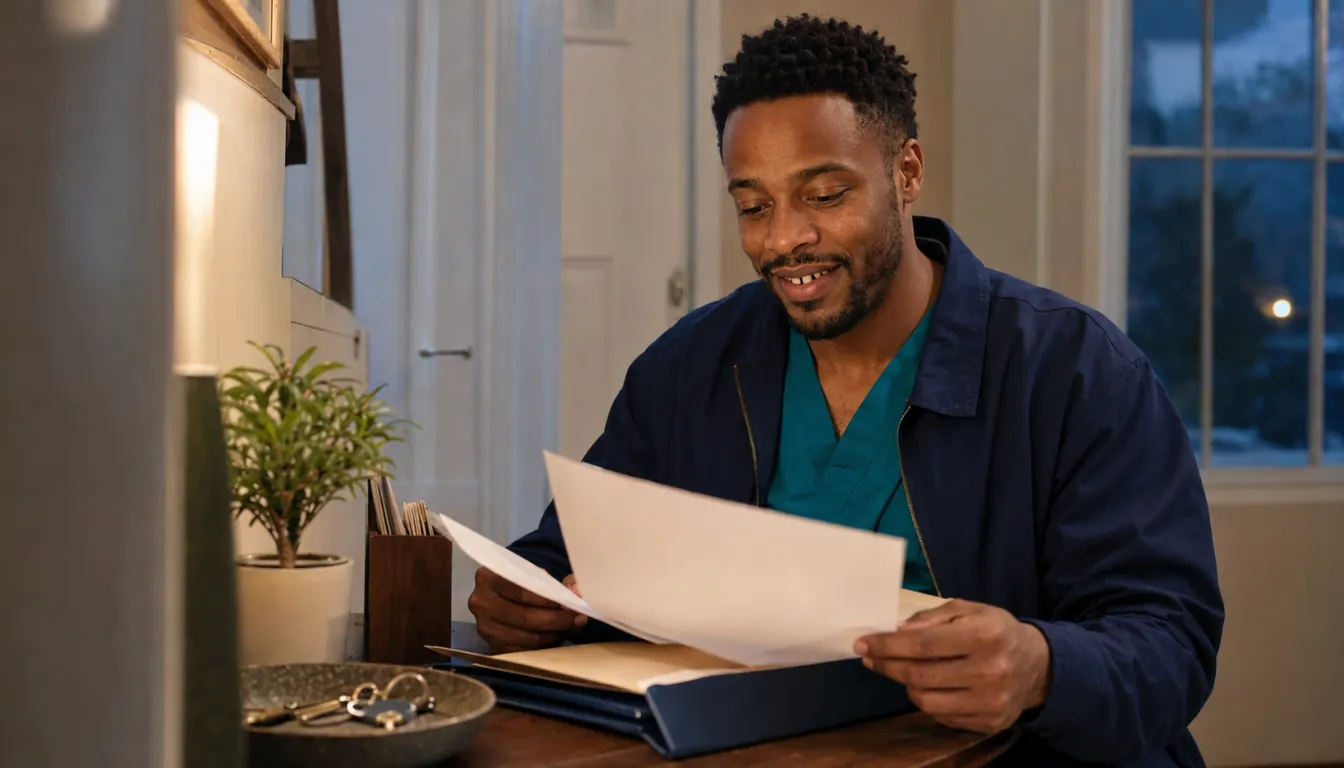 A healthcare professional reviewing important records at home