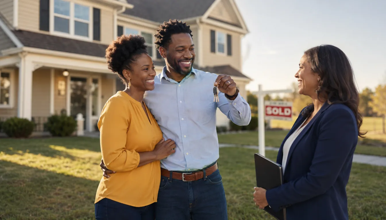 A couple receiving their new home keys from an agent
