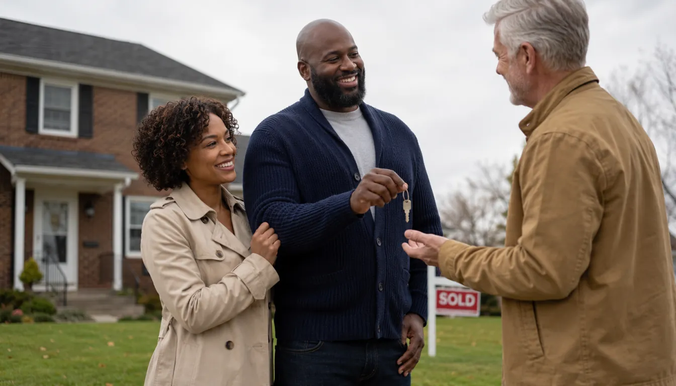 A happy couple receiving the keys to their new home