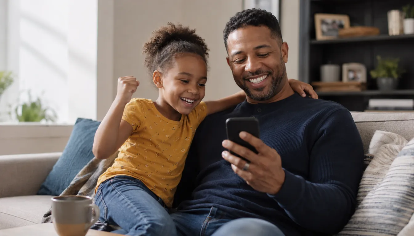 A father and daughter sharing a happy moment while using a phone