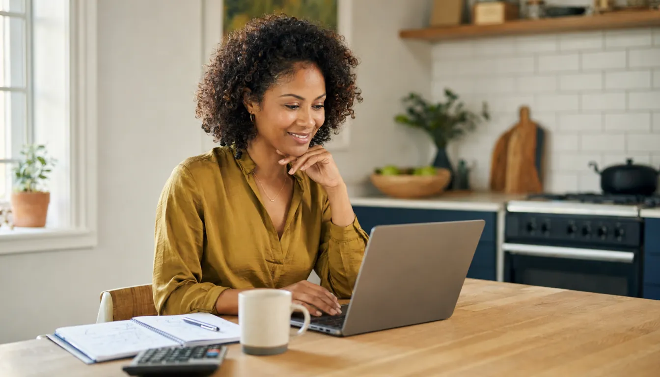 A woman confidently managing her finances from a laptop at home