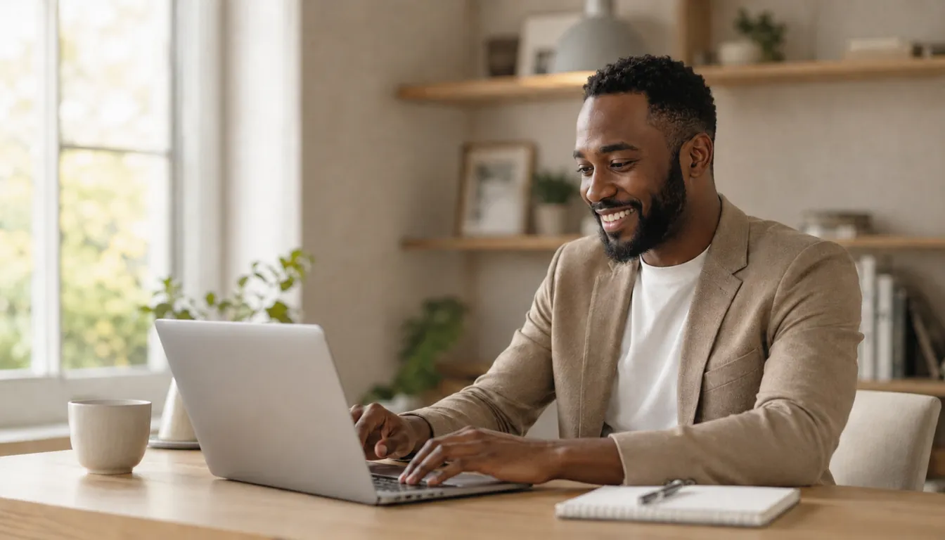 A professional working confidently from a bright home office