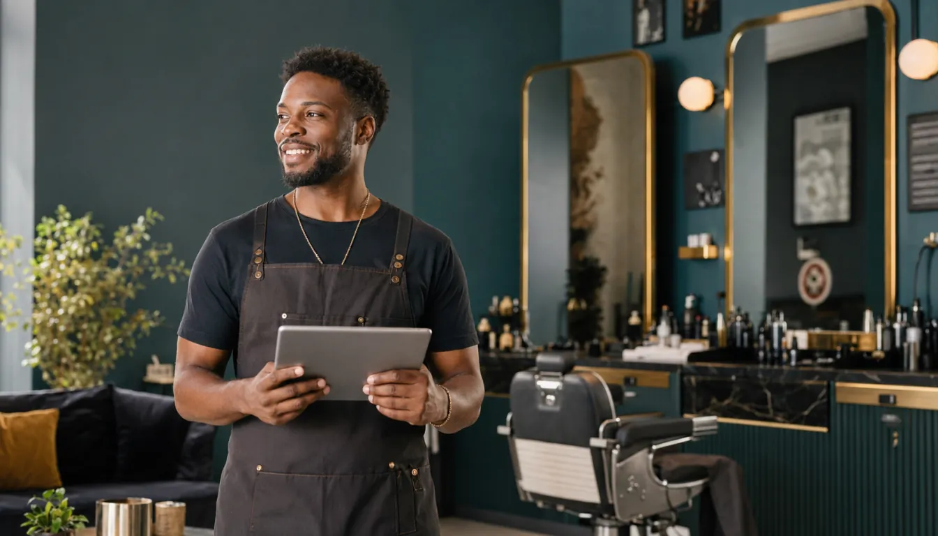 A barber using a tablet to manage his small business