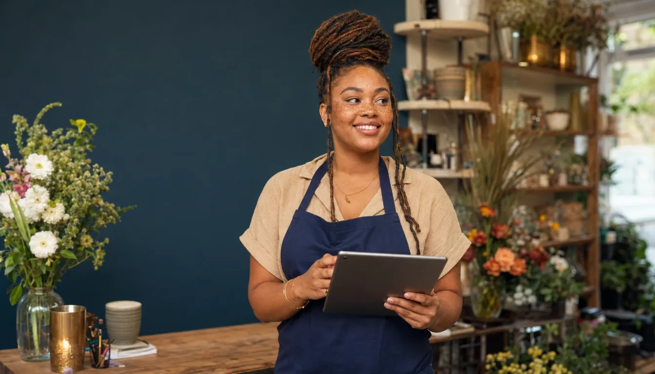 A florist managing her small business with a tablet