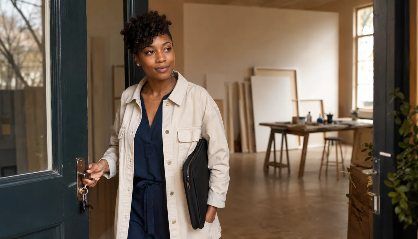 A small-business owner opening the door to her creative studio