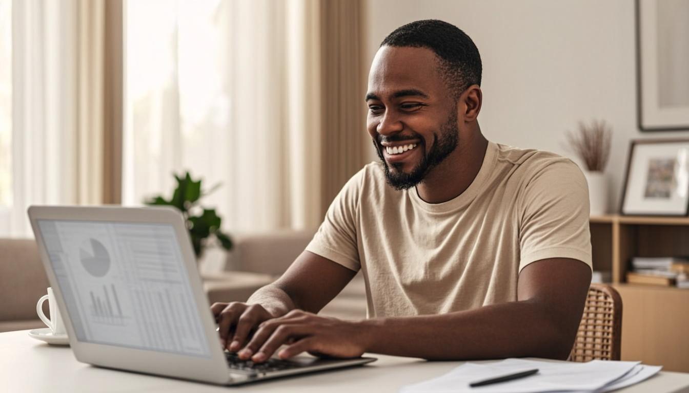 A cheerful young Black man smiling while reviewing his finances on a laptop at a bright kitchen table