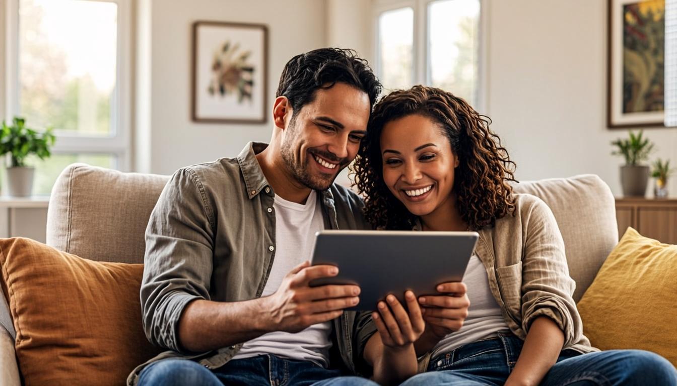 A happy Latino couple smiling together while looking at a tablet on their couch in a bright living room