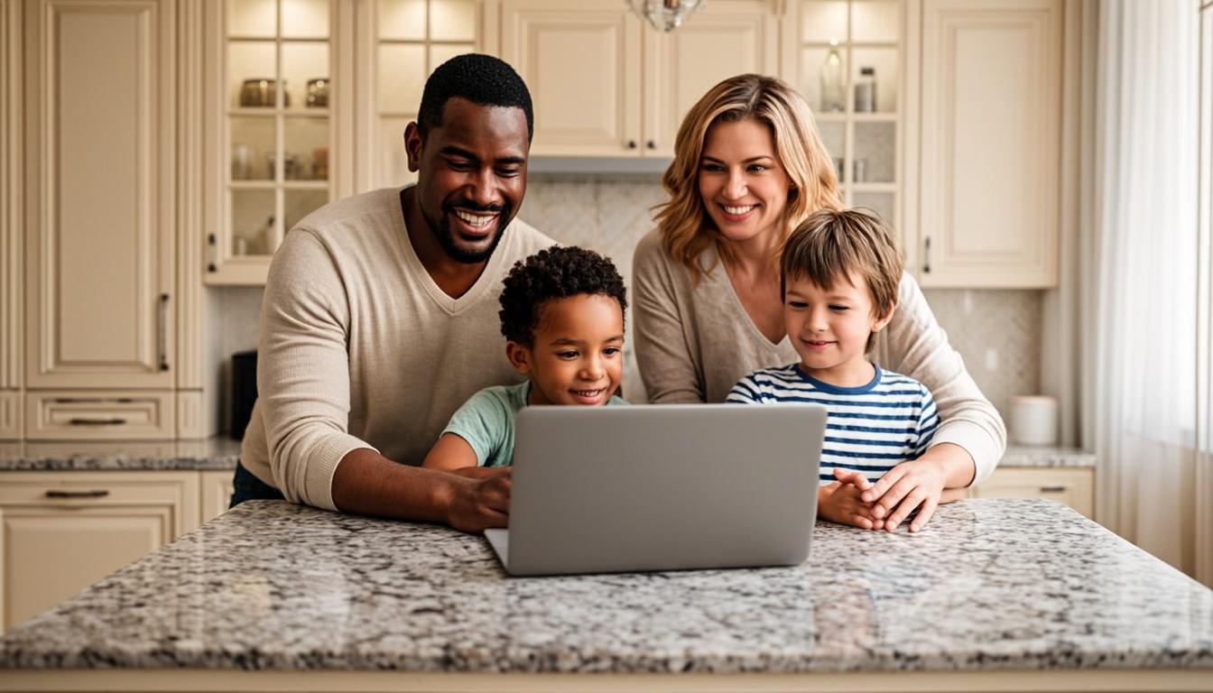 A blended mixed-race family looking at a laptop together around a kitchen island and smiling
