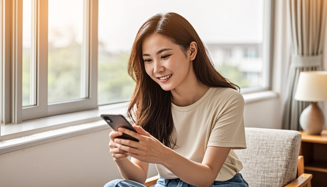 A confident woman smiling while checking her finances on her phone beside a sunlit window